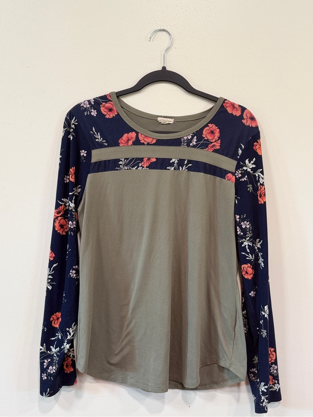 Urbanology Olive and Navy Floral Panel Long-Sleeve Top Y2K Style